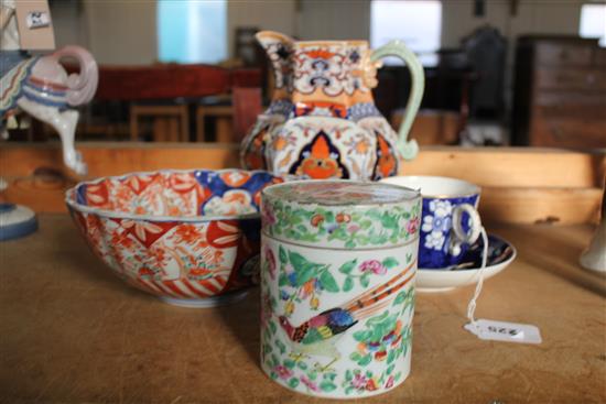 Masons ironstone jug, imari bowl, copeland moustache cup and saucer and Canton jar